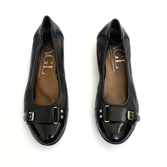 Agl Shoes - AGL Attilio Giusti Leombruni black leather patent round toe buckle ballet flats
